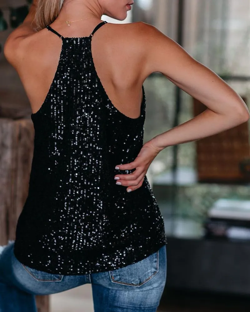 Women's Sleeveless Sparkle Shimmer Camisole Vest Sequin Tank Tops