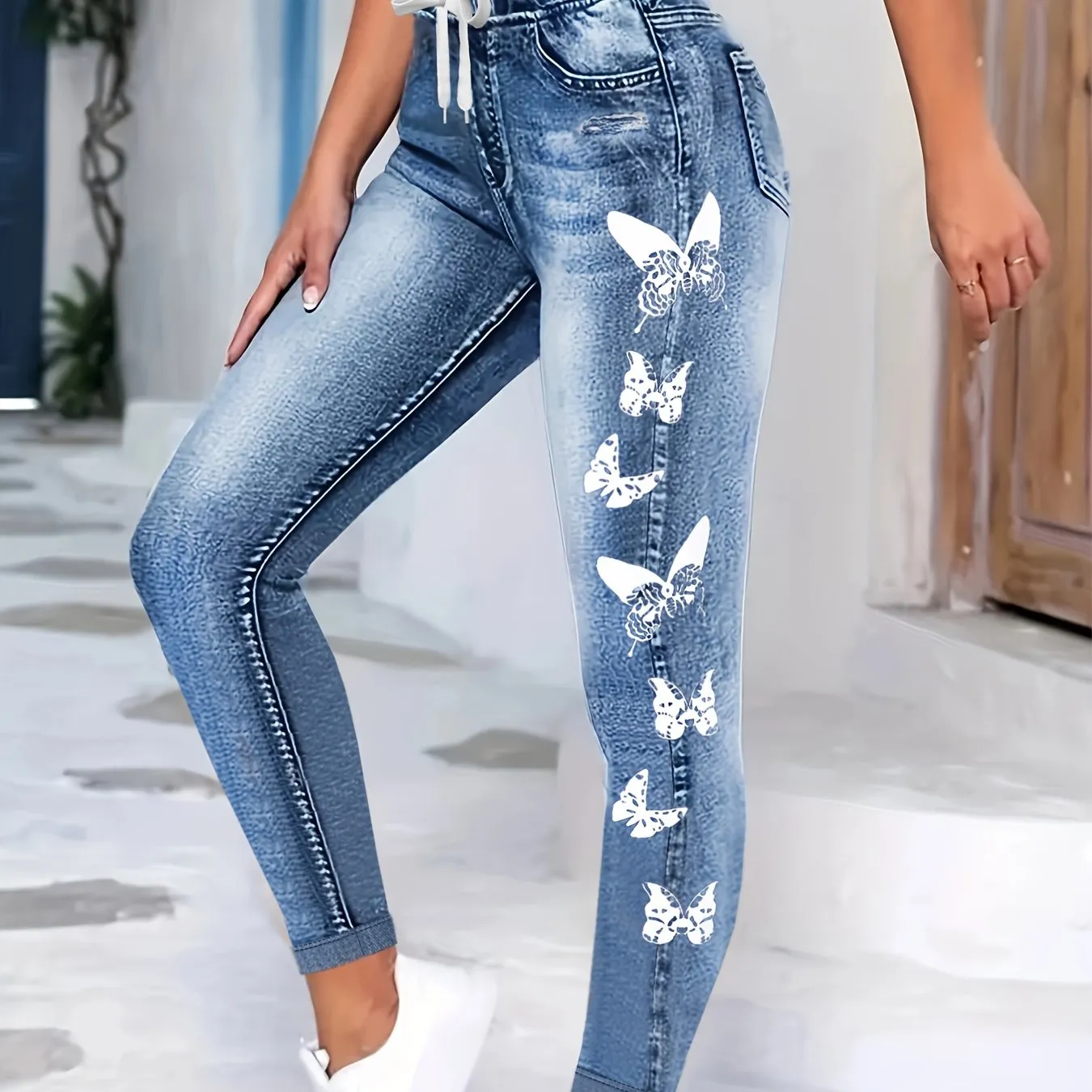 Women's Sports Leggings, Plus Size Drawstring Waist Faux Denim Print Butterfly Pattern Y2K High Waist Medium Stretch Leggings