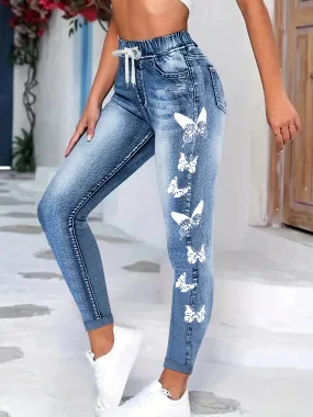 Women's Sports Leggings, Plus Size Drawstring Waist Faux Denim Print Butterfly Pattern Y2K High Waist Medium Stretch Leggings