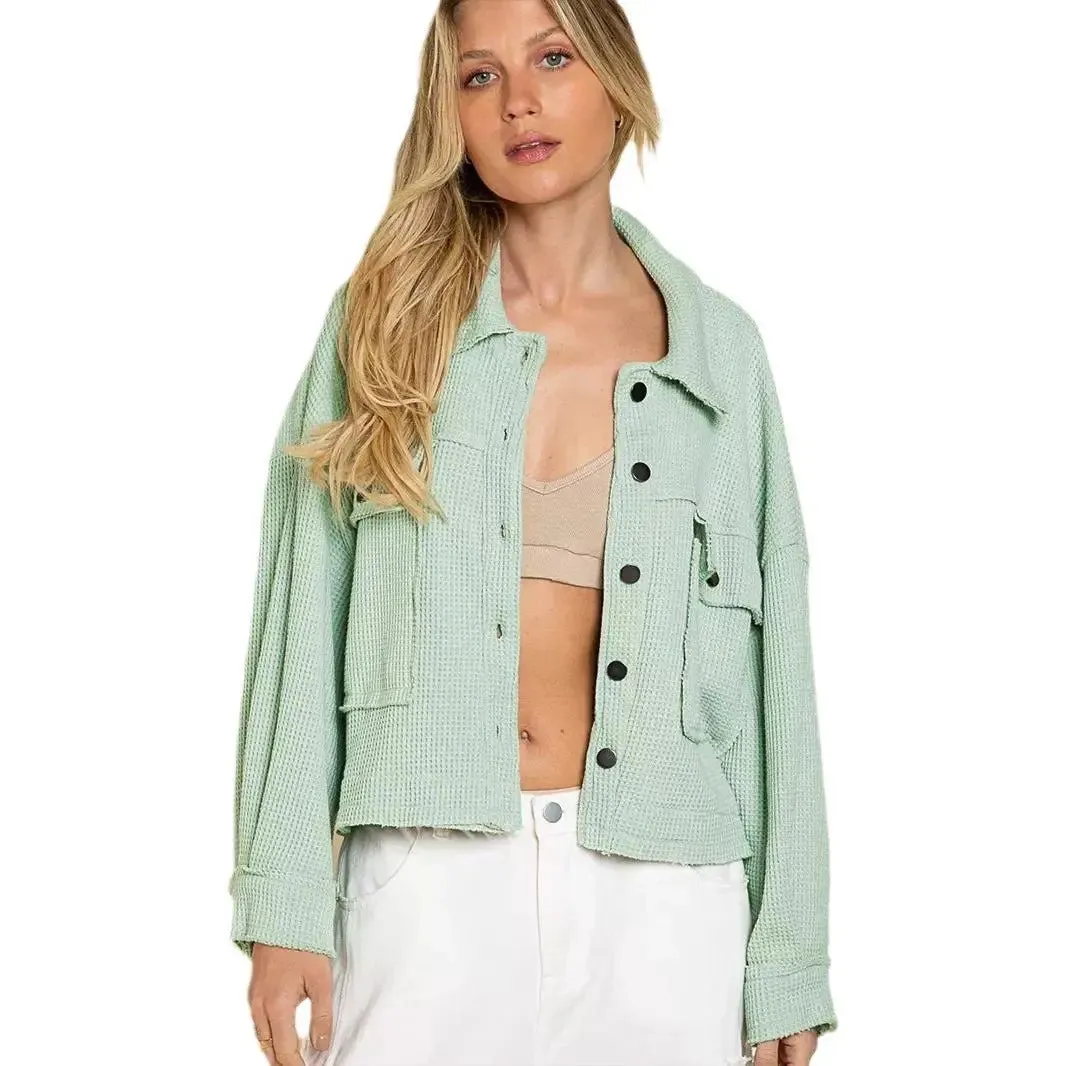 Women's Waffle Cardigan Short Top Jacket