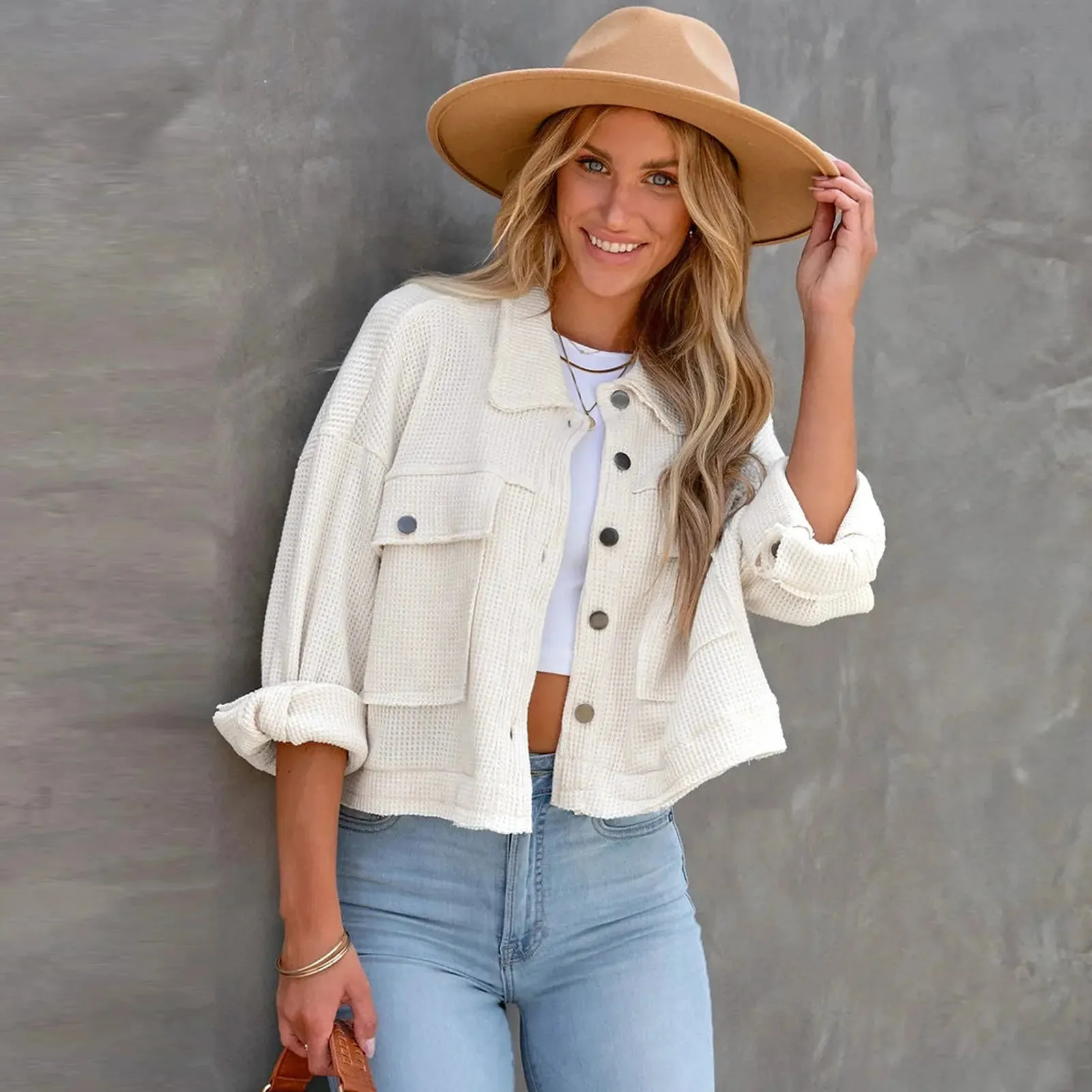 Women's Waffle Cardigan Short Top Jacket