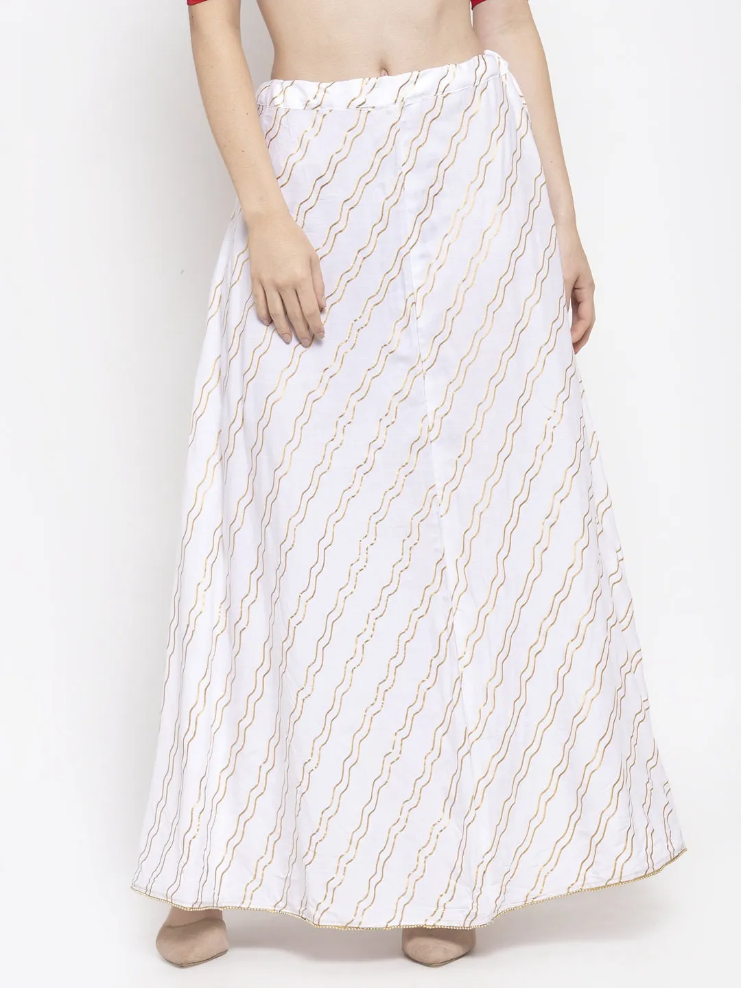 Women'S White Printed Flared Rayon Maxi Skirt