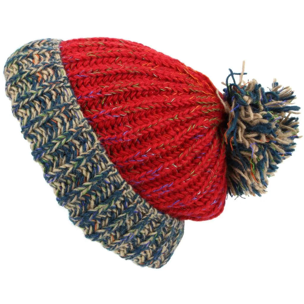 Wool Knit Beanie Bobble Hat - Red Grey