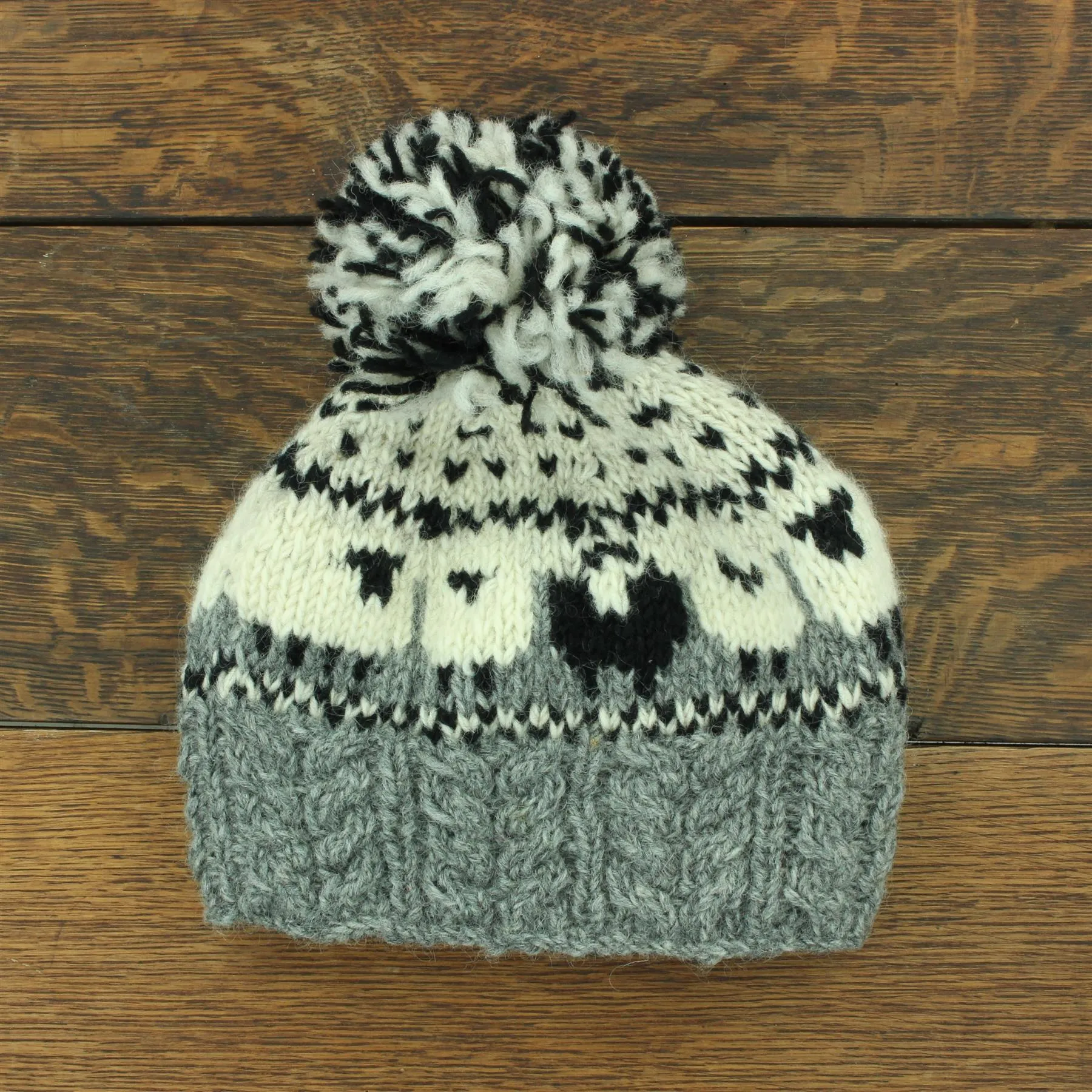 Wool Knit Bobble Beanie Hat - Sheep - Grey Cable Knit