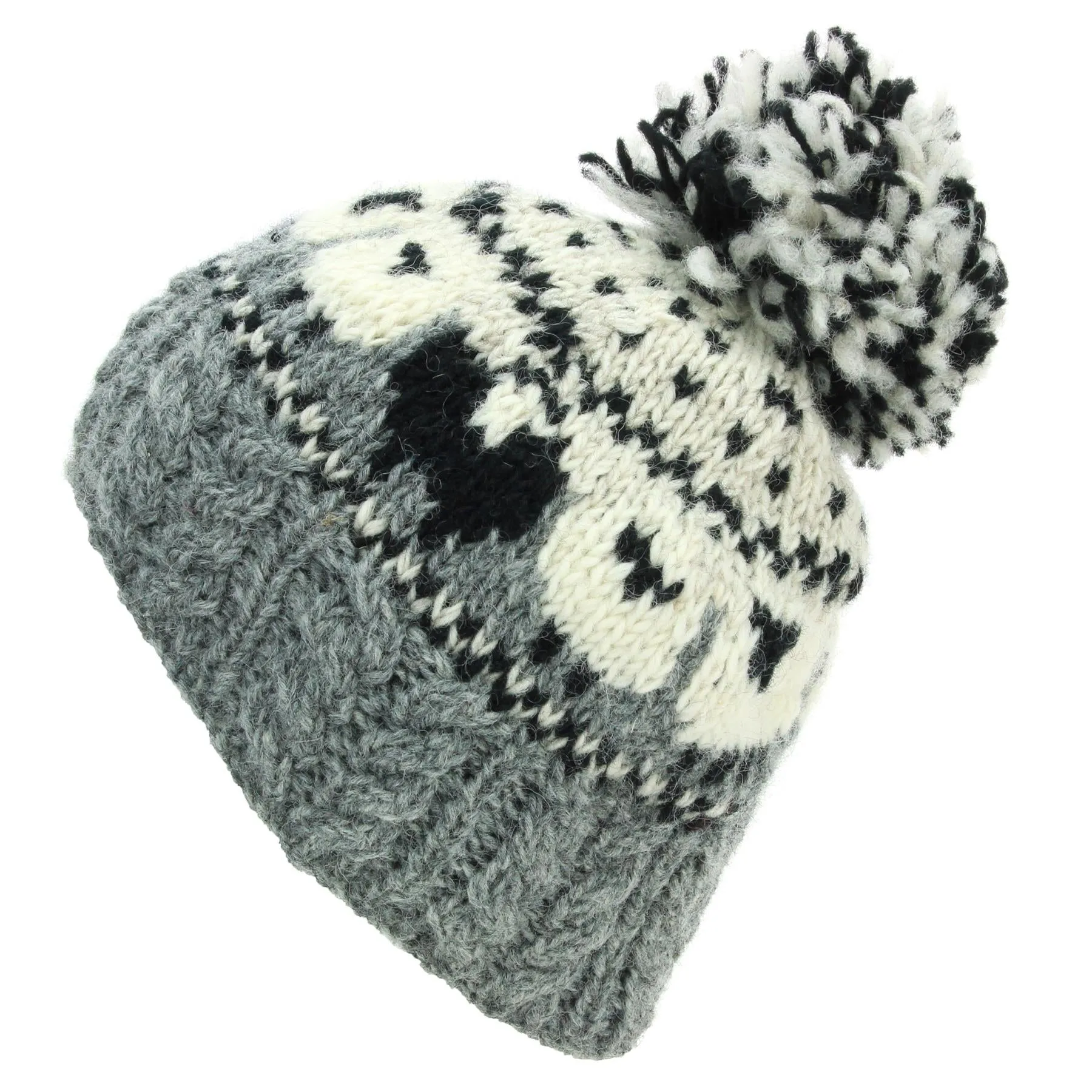 Wool Knit Bobble Beanie Hat - Sheep - Grey Cable Knit