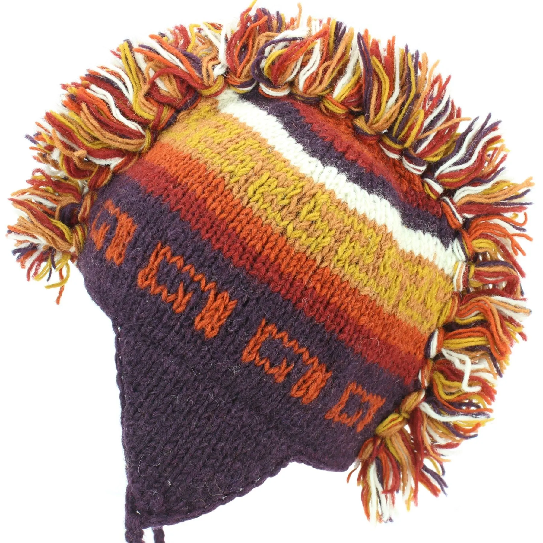 Wool Knit 'Punk' Mohawk Earflap Beanie Hat - Orange Rust (Adult)