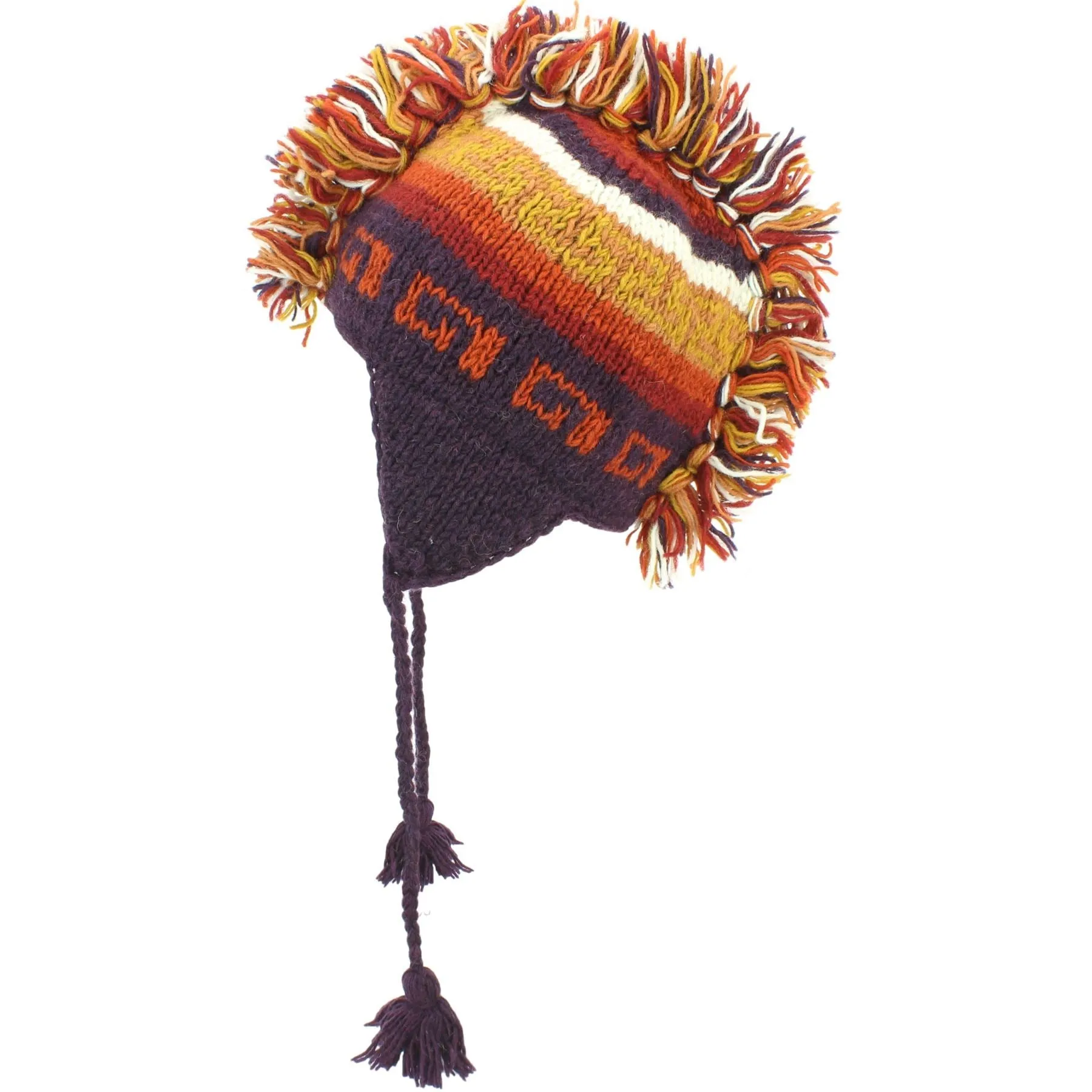 Wool Knit 'Punk' Mohawk Earflap Beanie Hat - Orange Rust (Adult)